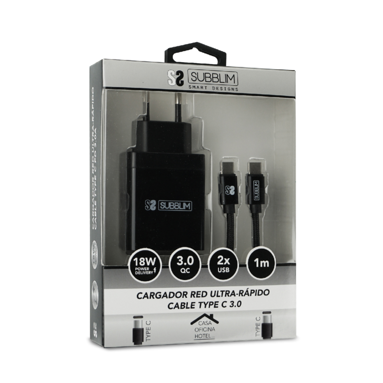 Cargador Enchufe USB QUICK 18W 3A y Carga ULTRARAPIDO USB Tipo C